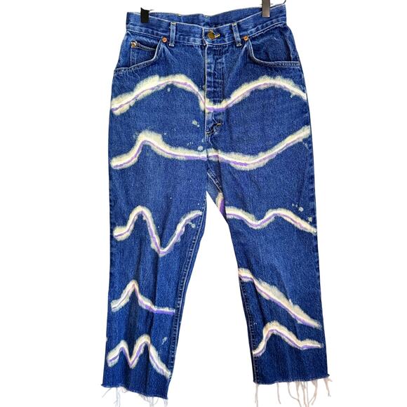 Vintage Y2K Lee High Waist Cropped Jeans Women’s 28 Lightning Bleach Design - Picture 2 of 10